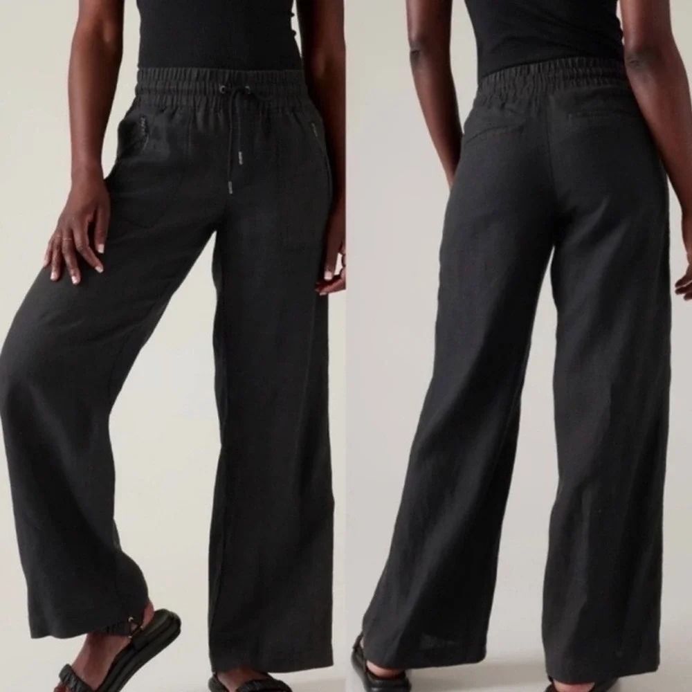Athleta Cabo 100% Linen Wide Leg Pants Black WOMEN‎ 14P RESORT VACATION TRAVEL